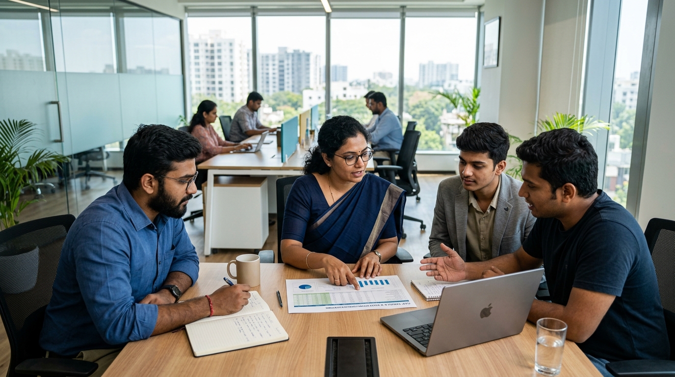 Indian startup founders reviewing regulatory compliance checklists and vesting protocols with a female CA in Chennai