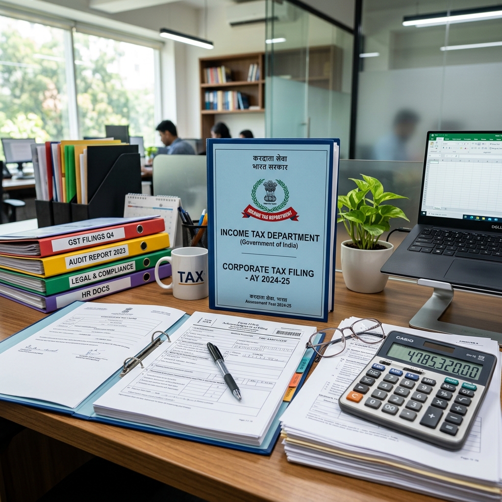 Indian audit desk reviewing tax logs and GST filings