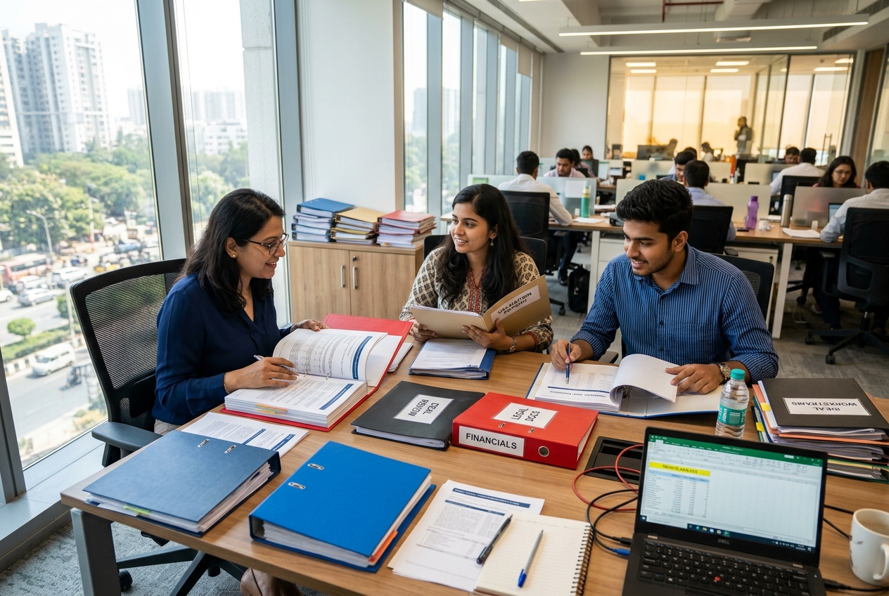 Deal desk analysts reviewing transaction support documents in a bright corporate office